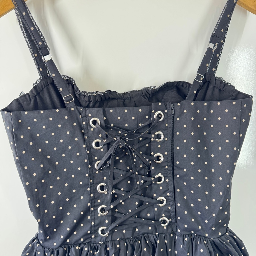 R+F Women Polka Dot Corset Mini Dress Lace Trim Fit Flare Sz M Black Coquette - Picture 11 of 15